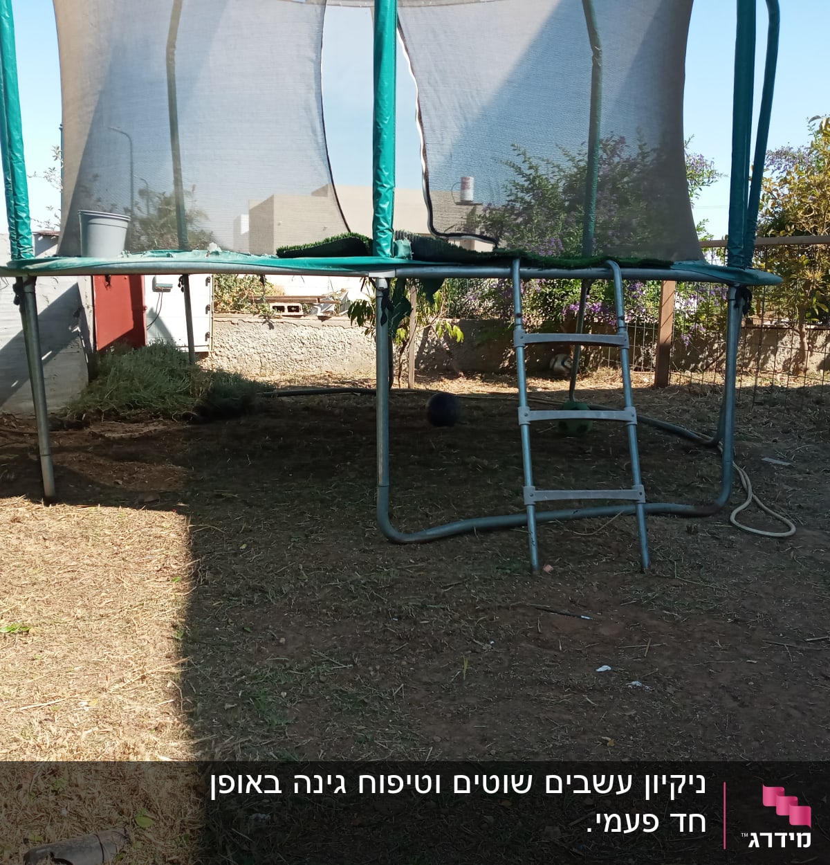 דלי פלסטיק על טרמפולינה בגינה